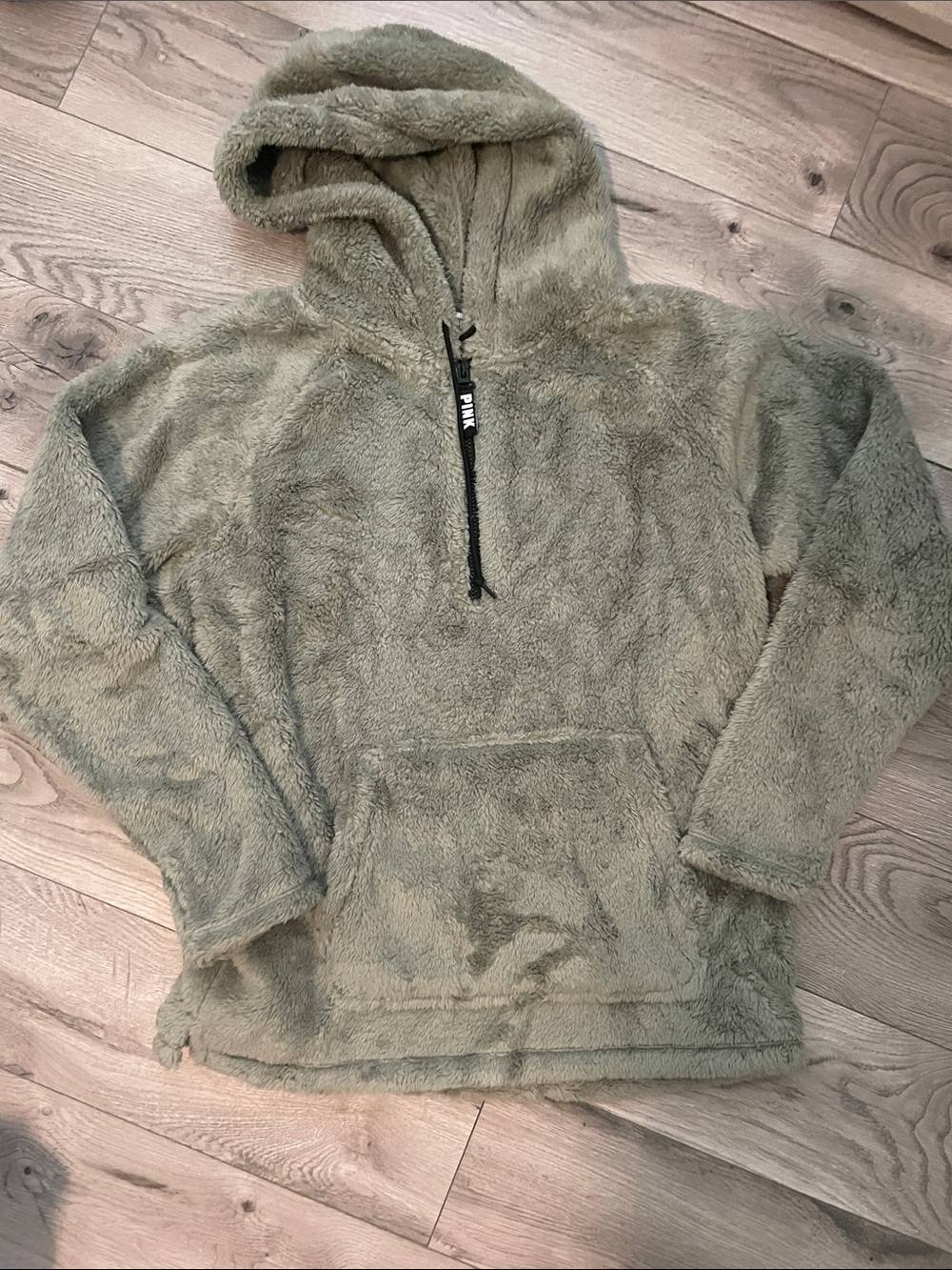 PINK Victoria's Secret Olive Green Sherpa Half-Zip Hoodie